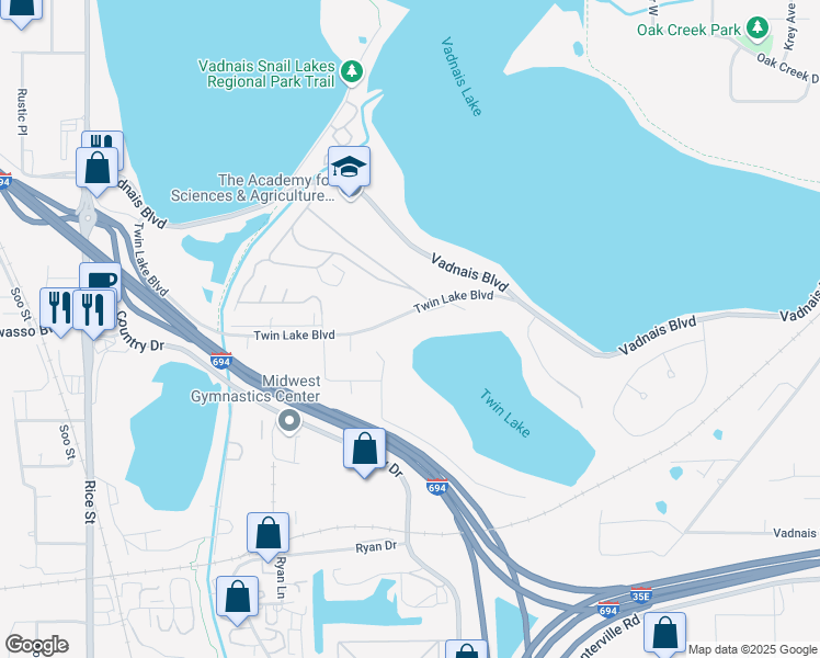 map of restaurants, bars, coffee shops, grocery stores, and more near 154 Twin Lake Boulevard in Saint Paul