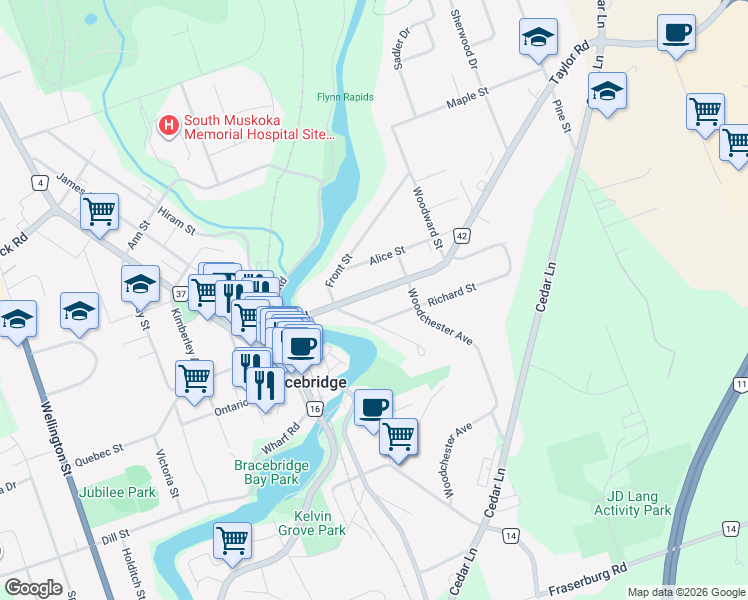 map of restaurants, bars, coffee shops, grocery stores, and more near 74 Richard Street in Bracebridge