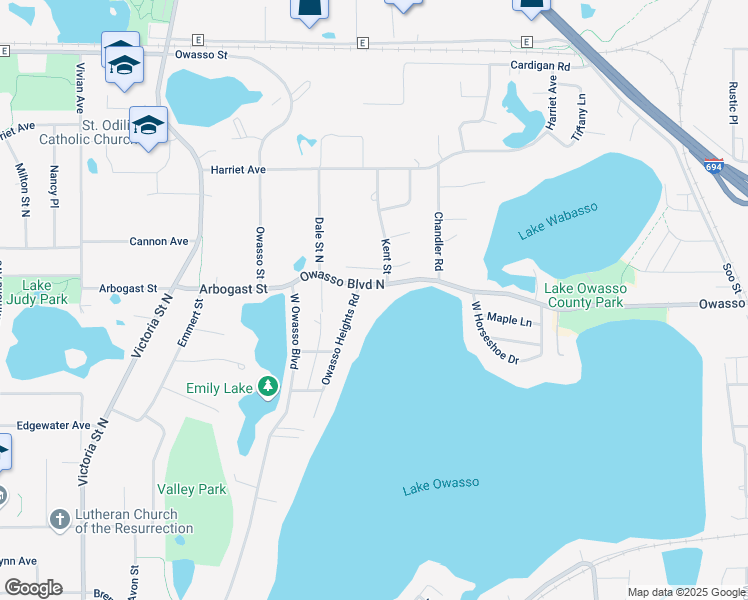 map of restaurants, bars, coffee shops, grocery stores, and more near 3334 Owasso Heights Road in Shoreview
