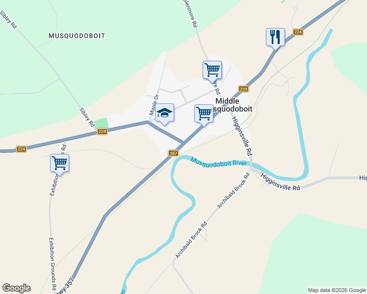 map of restaurants, bars, coffee shops, grocery stores, and more near 7830 Nova Scotia 357 in Middle Musquodoboit