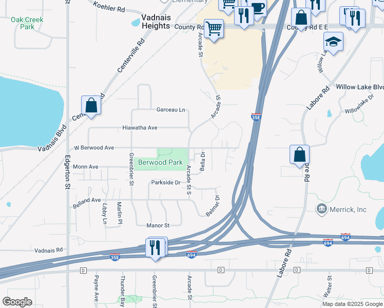map of restaurants, bars, coffee shops, grocery stores, and more near 3346 Arcade Street South in Vadnais Heights