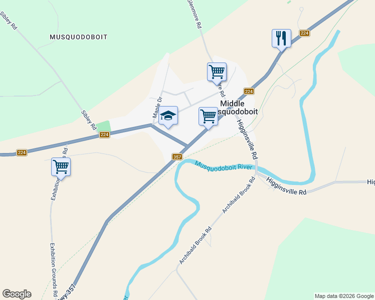 map of restaurants, bars, coffee shops, grocery stores, and more near 7830 Nova Scotia 357 in Middle Musquodoboit