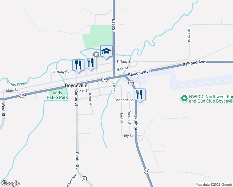 map of restaurants, bars, coffee shops, grocery stores, and more near 809 East Street in Boyceville
