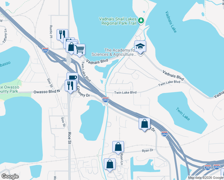 map of restaurants, bars, coffee shops, grocery stores, and more near 45 Twin Lake Boulevard in Little Canada