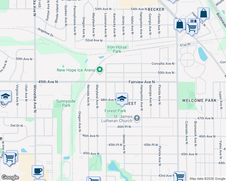 map of restaurants, bars, coffee shops, grocery stores, and more near 4849 Kentucky Avenue North in Minneapolis