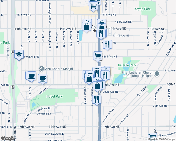 map of restaurants, bars, coffee shops, grocery stores, and more near 853 41st Avenue Northeast in Columbia Heights