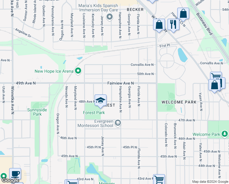 map of restaurants, bars, coffee shops, grocery stores, and more near 4856 Idaho Avenue North in Minneapolis