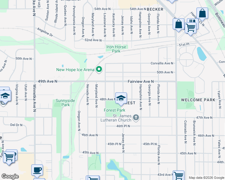 map of restaurants, bars, coffee shops, grocery stores, and more near 4849 Kentucky Avenue North in Minneapolis