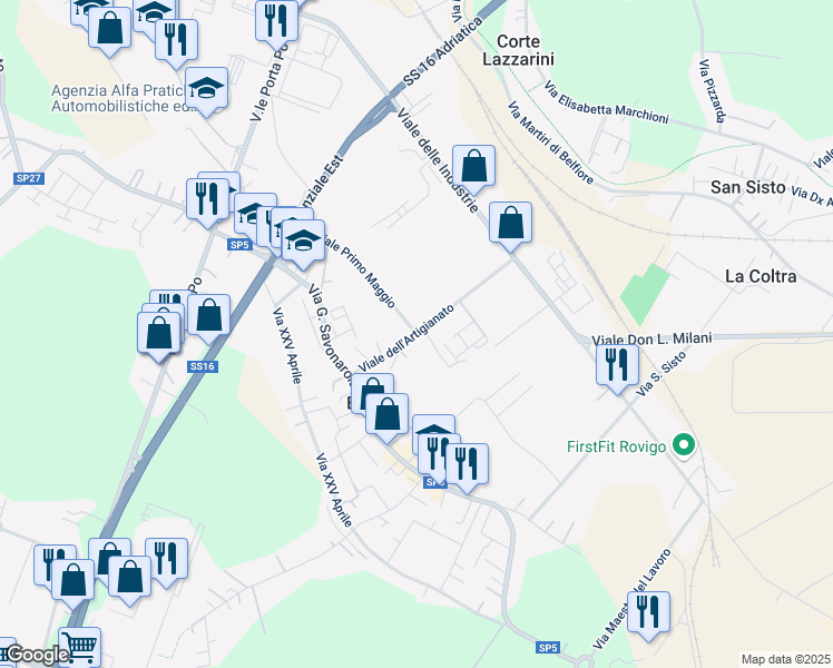 map of restaurants, bars, coffee shops, grocery stores, and more near 31 Viale dell'Artigianato in Rovigo