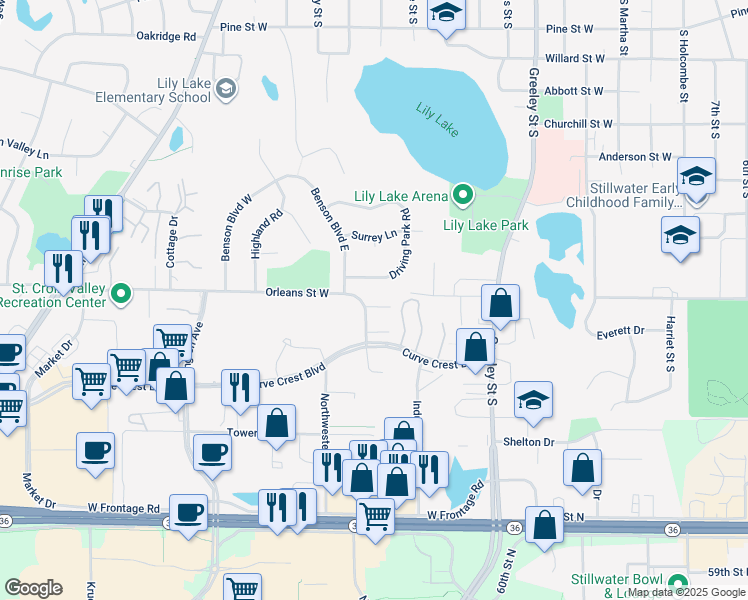 map of restaurants, bars, coffee shops, grocery stores, and more near 1615 Orleans Street West in Stillwater