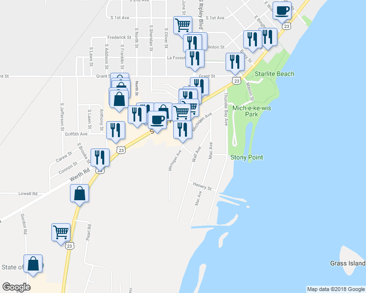 map of restaurants, bars, coffee shops, grocery stores, and more near 340 Jensen Avenue in Alpena
