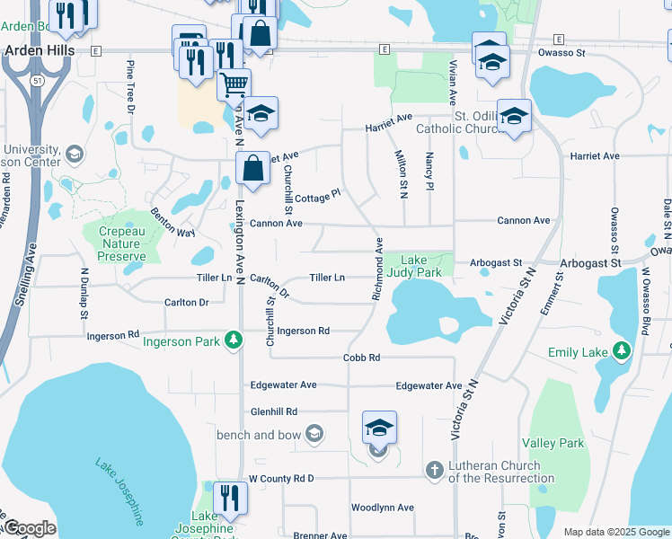 map of restaurants, bars, coffee shops, grocery stores, and more near 997 Arbogast Street in Shoreview