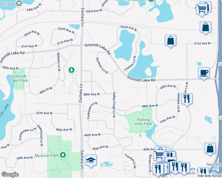 map of restaurants, bars, coffee shops, grocery stores, and more near 10805 49th Avenue North in Minneapolis