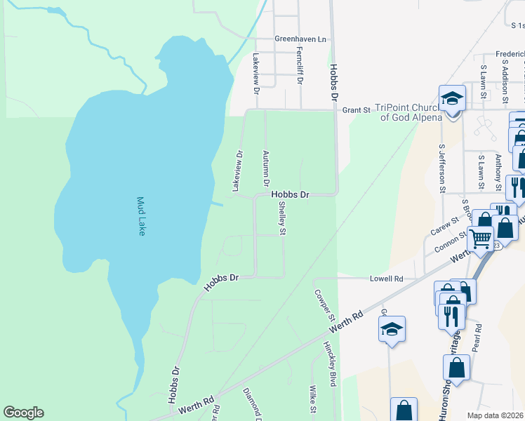 map of restaurants, bars, coffee shops, grocery stores, and more near 2247-2273 Hobbs Drive in Alpena