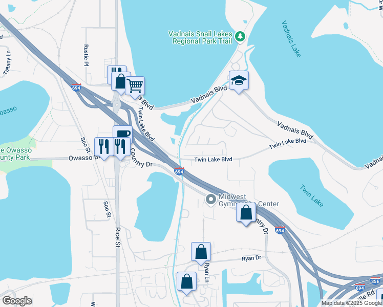 map of restaurants, bars, coffee shops, grocery stores, and more near 45 Twin Lake Boulevard in Little Canada