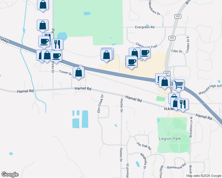 map of restaurants, bars, coffee shops, grocery stores, and more near 492 Hamel Rd in Hamel