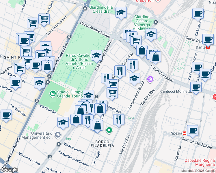 map of restaurants, bars, coffee shops, grocery stores, and more near 134 Corso Unione Sovietica in Torino