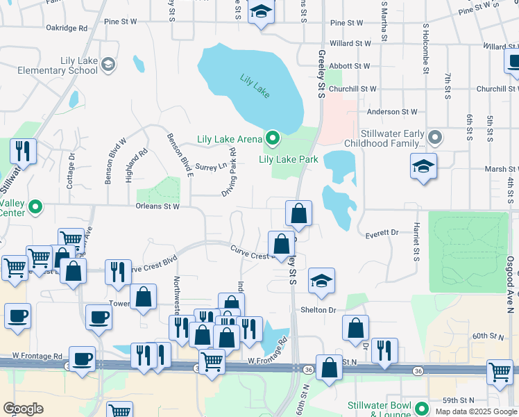 map of restaurants, bars, coffee shops, grocery stores, and more near 1300 Orleans Street West in Stillwater
