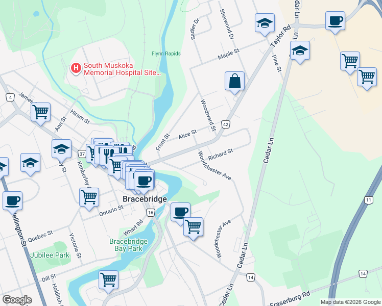 map of restaurants, bars, coffee shops, grocery stores, and more near 94 Taylor Road in Bracebridge