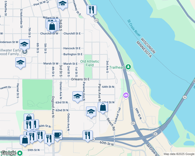 map of restaurants, bars, coffee shops, grocery stores, and more near 1316 4th Avenue South in Stillwater