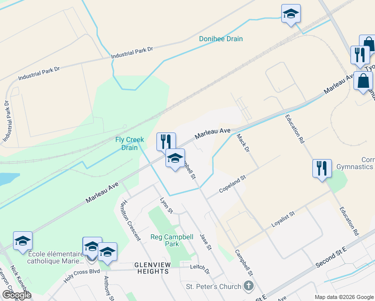 map of restaurants, bars, coffee shops, grocery stores, and more near 2901 Marleau Avenue in Cornwall