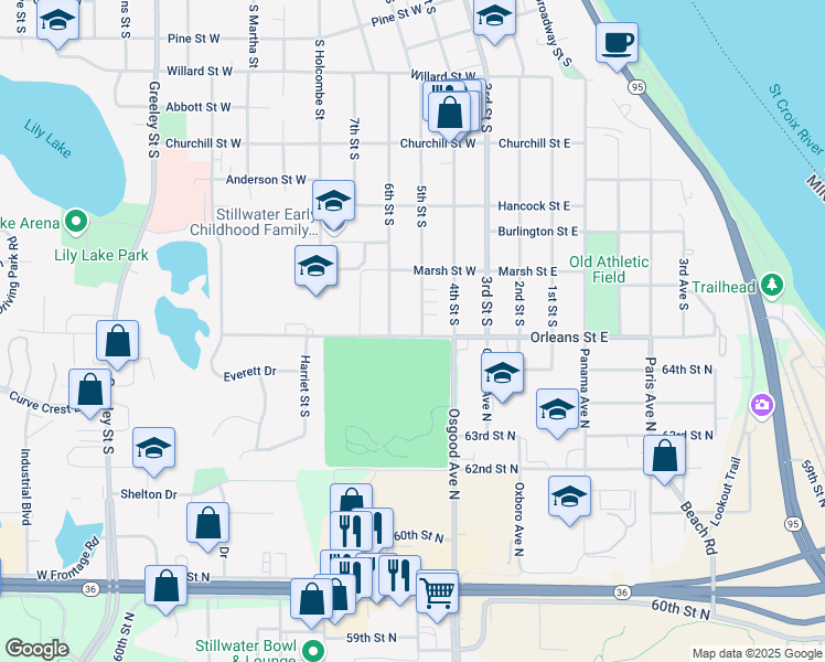 map of restaurants, bars, coffee shops, grocery stores, and more near 1333 6th Street South in Stillwater