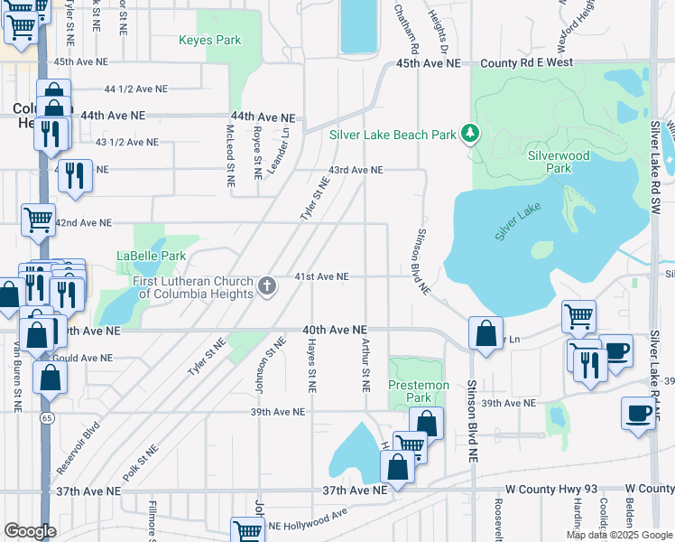 map of restaurants, bars, coffee shops, grocery stores, and more near 4133 Polk Street Northeast in Minneapolis