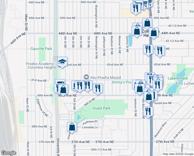 map of restaurants, bars, coffee shops, grocery stores, and more near 4120 Washington Street Northeast in Minneapolis