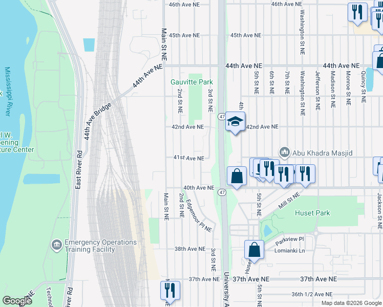 map of restaurants, bars, coffee shops, grocery stores, and more near 4146 Maureen Drive Northeast in Minneapolis