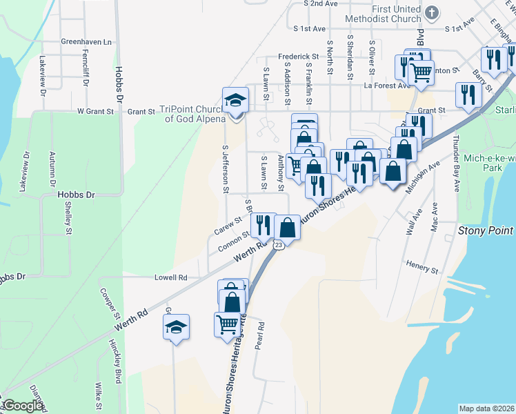 map of restaurants, bars, coffee shops, grocery stores, and more near 887-999 Griffith Street in Alpena