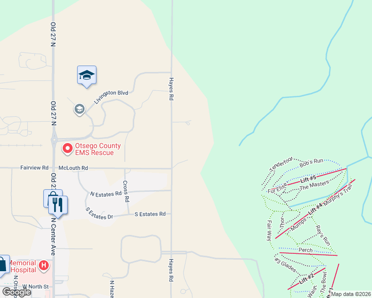 map of restaurants, bars, coffee shops, grocery stores, and more near 1001-1105 Hayes Road in Gaylord