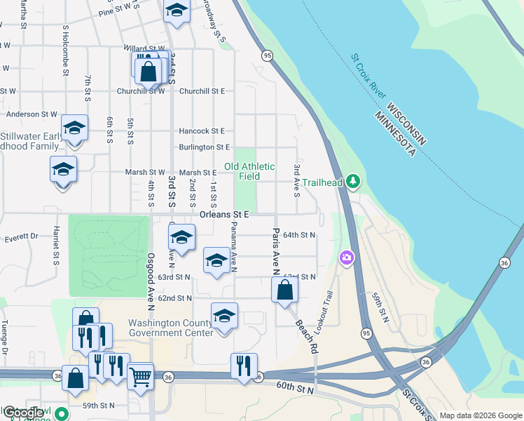 map of restaurants, bars, coffee shops, grocery stores, and more near 1316 4th Avenue South in Stillwater