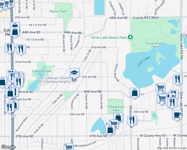 map of restaurants, bars, coffee shops, grocery stores, and more near 4133 Polk Street Northeast in Minneapolis