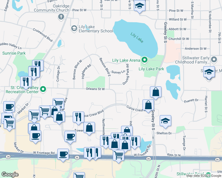 map of restaurants, bars, coffee shops, grocery stores, and more near 1615 Orleans Street West in Stillwater