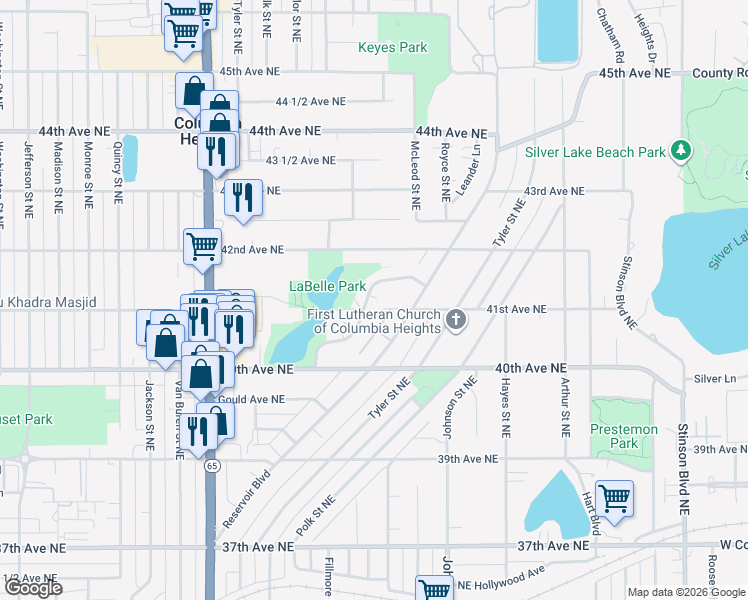 map of restaurants, bars, coffee shops, grocery stores, and more near 1334 Circle Terrace Boulevard Northeast in Minneapolis