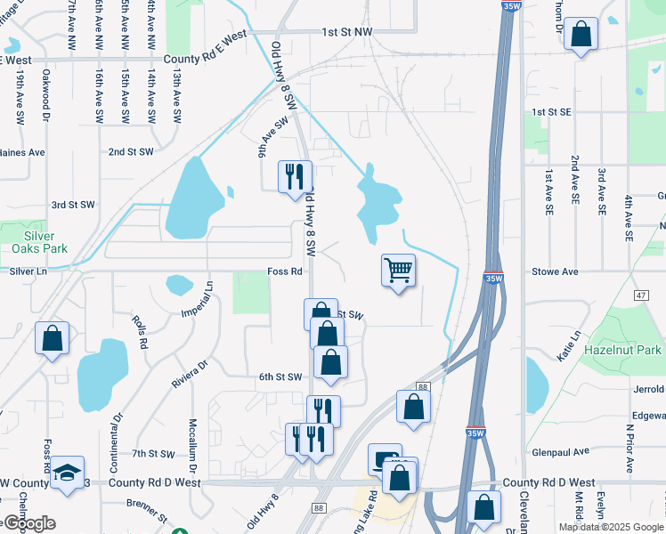 map of restaurants, bars, coffee shops, grocery stores, and more near 395 Old Highway 8 Southwest in Saint Paul