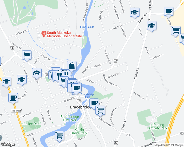 map of restaurants, bars, coffee shops, grocery stores, and more near 71 Taylor Road in Bracebridge