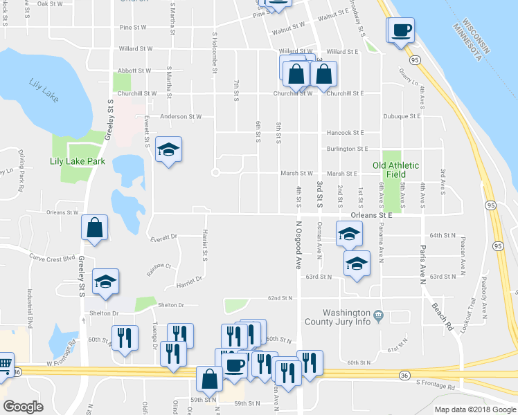 map of restaurants, bars, coffee shops, grocery stores, and more near 1403 6th Street South in Stillwater