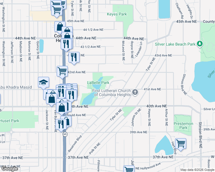 map of restaurants, bars, coffee shops, grocery stores, and more near 1150 42nd Avenue Northeast in Minneapolis
