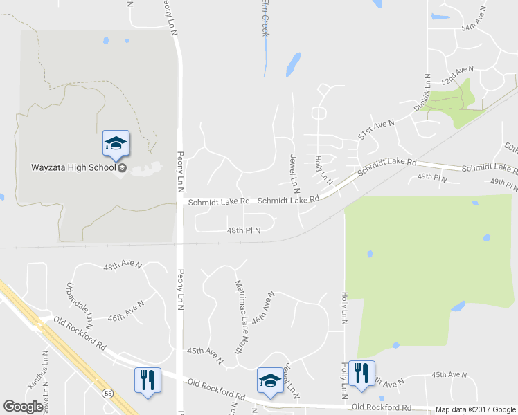 map of restaurants, bars, coffee shops, grocery stores, and more near 17510 49th Avenue North in Minneapolis