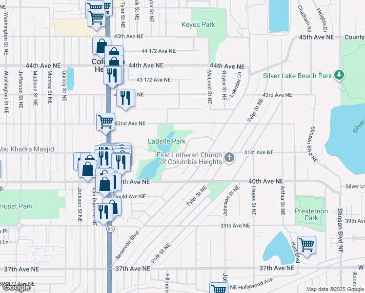 map of restaurants, bars, coffee shops, grocery stores, and more near 1313 Circle Terrace Boulevard Northeast in Minneapolis