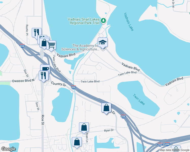 map of restaurants, bars, coffee shops, grocery stores, and more near 342 Bankers Drive in Saint Paul