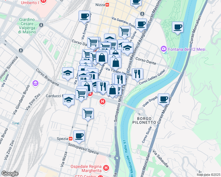 map of restaurants, bars, coffee shops, grocery stores, and more near 160A Via Ormea in Torino