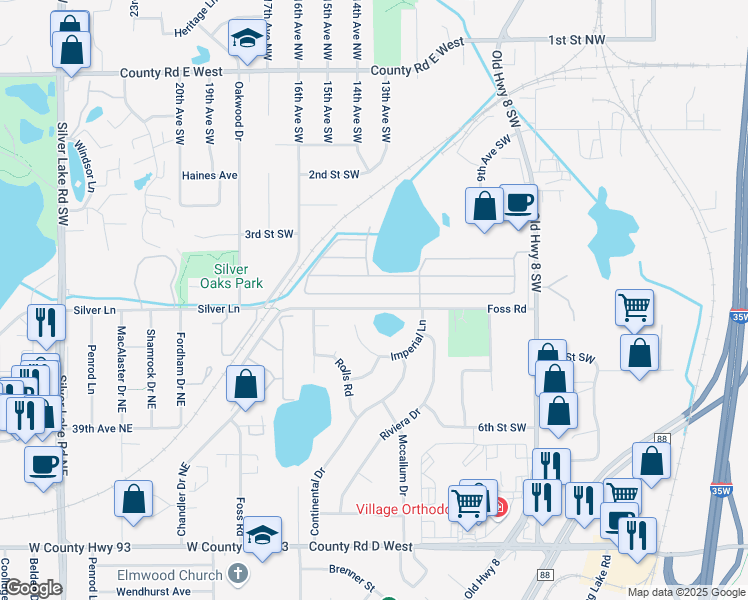 map of restaurants, bars, coffee shops, grocery stores, and more near 1520 Cessna Drive in New Brighton