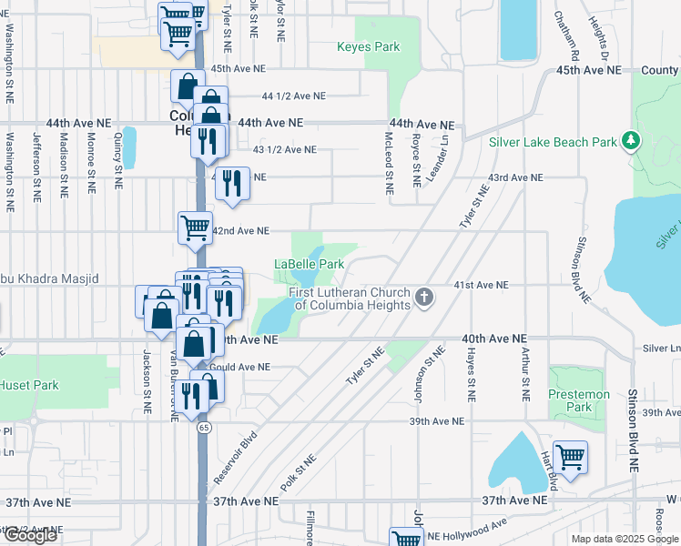 map of restaurants, bars, coffee shops, grocery stores, and more near 1150 42nd Avenue Northeast in Minneapolis