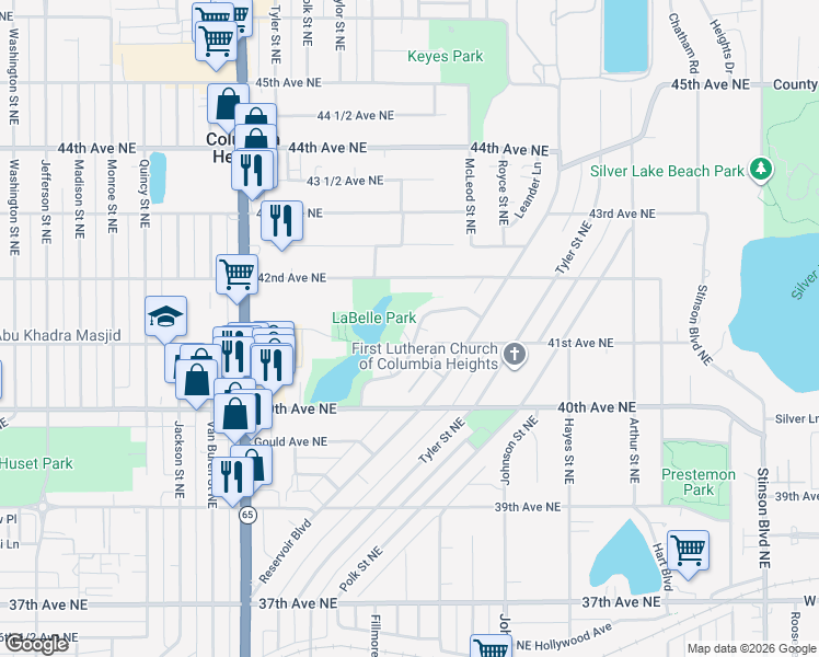 map of restaurants, bars, coffee shops, grocery stores, and more near 1150 42nd Avenue Northeast in Minneapolis