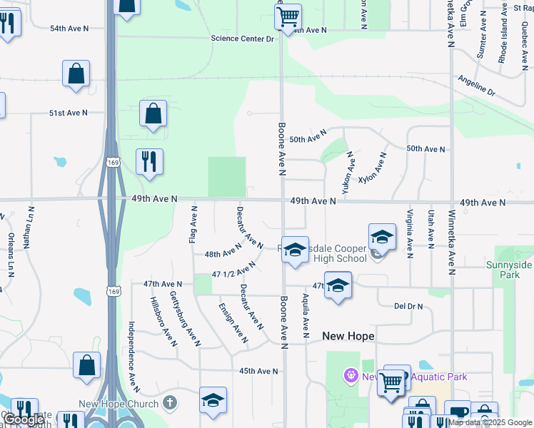 map of restaurants, bars, coffee shops, grocery stores, and more near 8709 49th Avenue North in Minneapolis