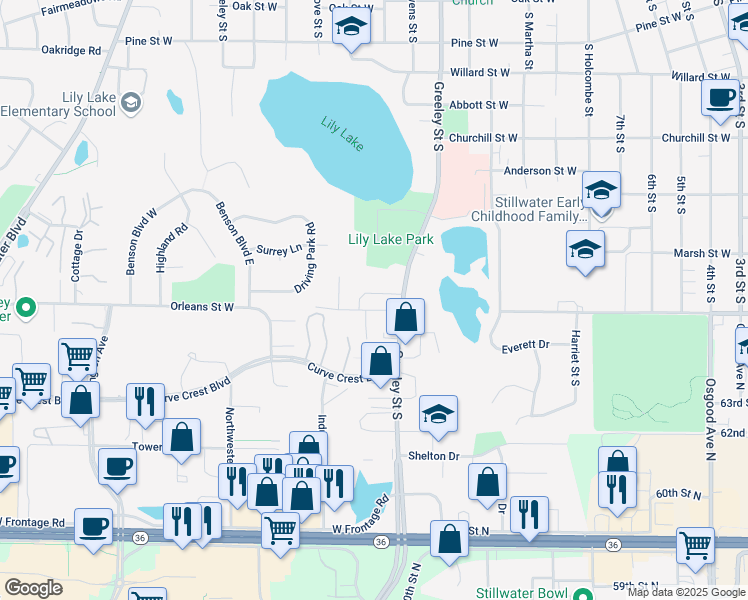 map of restaurants, bars, coffee shops, grocery stores, and more near 1410 Greeley Street South in Stillwater