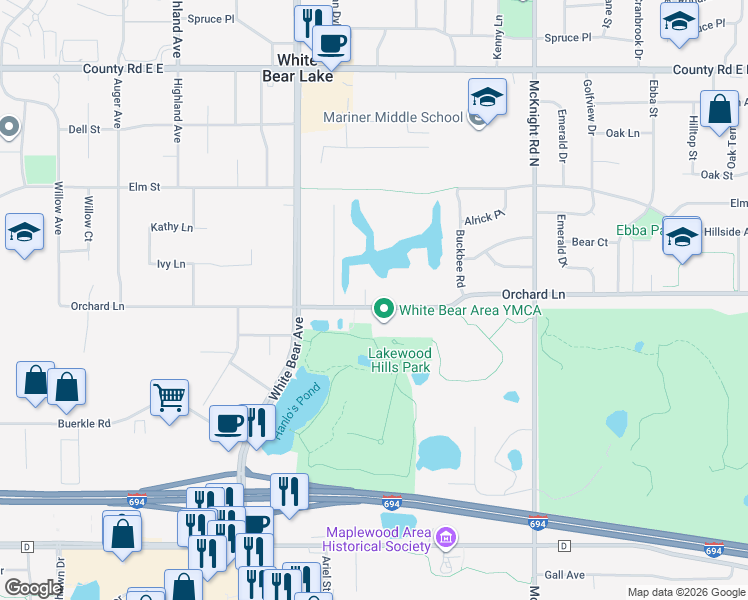map of restaurants, bars, coffee shops, grocery stores, and more near 3385 Orchard Circle in White Bear Lake