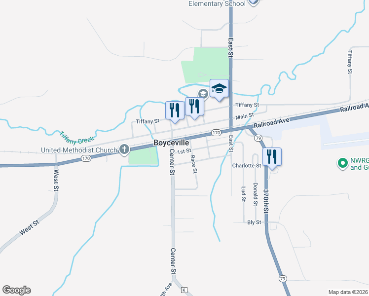 map of restaurants, bars, coffee shops, grocery stores, and more near 820 Railroad Avenue in Boyceville